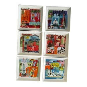 Crate & Barrel Travel Plates Appetizer Set Of 6 Paris Tokyo London Barcelona NY